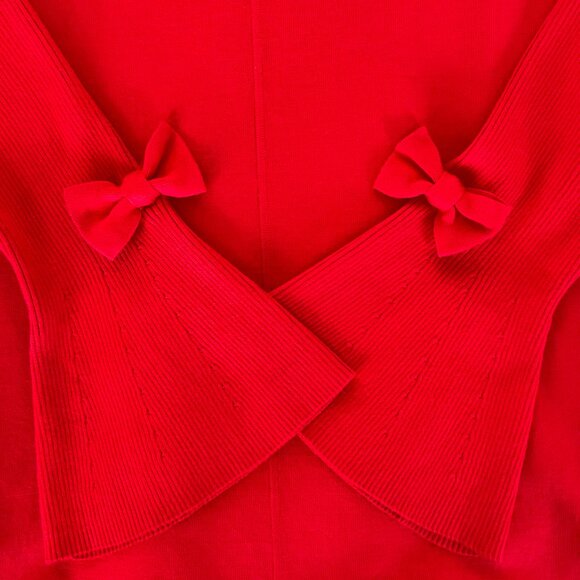 Karl Lagerfeld Paris Red Bow Tie Bell Sleeve Cold Shoulder Sweater XL Holiday - Picture 4 of 9